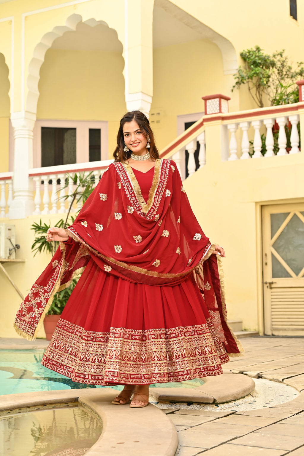 Premium Designer Red Embroidered Anarkali Gown with Dupatta Set