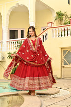 Premium Designer Red Embroidered Anarkali Gown with Dupatta Set