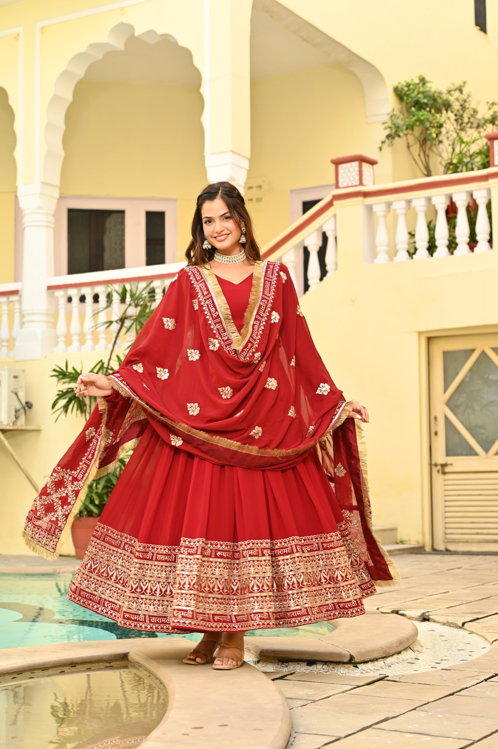 Premium Designer Red Embroidered Anarkali Gown with Dupatta Set