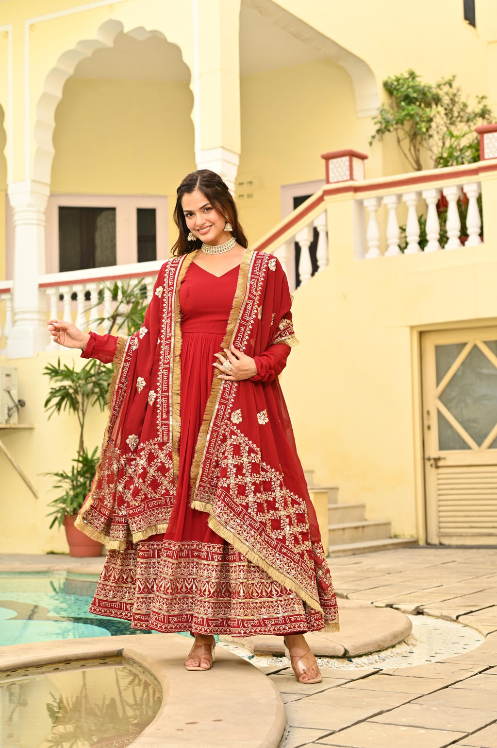 Premium Designer Red Embroidered Anarkali Gown with Dupatta Set
