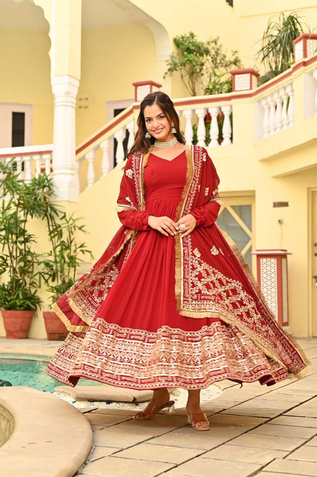Premium Designer Red Embroidered Anarkali Gown with Dupatta Set