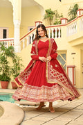 Premium Designer Red Embroidered Anarkali Gown with Dupatta Set