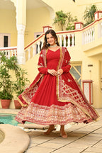 Premium Designer Red Embroidered Anarkali Gown with Dupatta Set