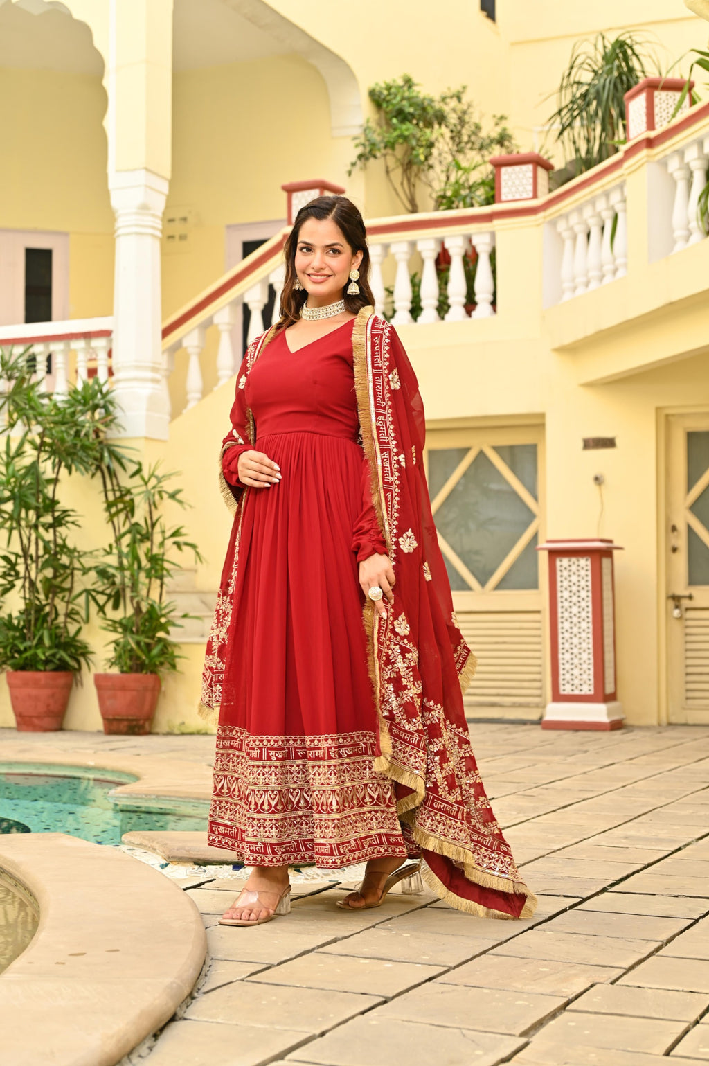 Premium Designer Red Embroidered Anarkali Gown with Dupatta Set