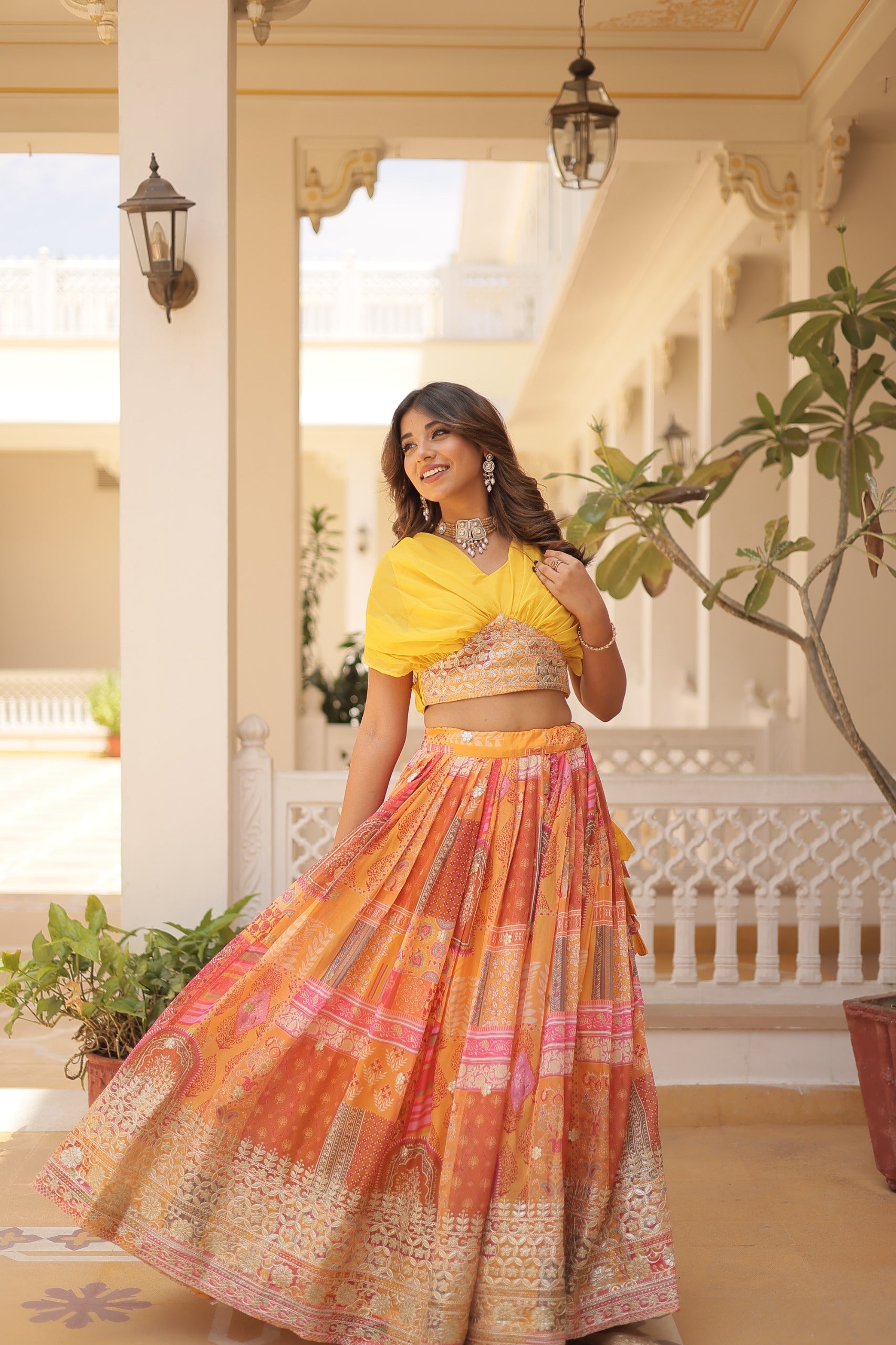 Designer Russian Silk Digital Print Lehenga Choli with Foil Embroidery Work