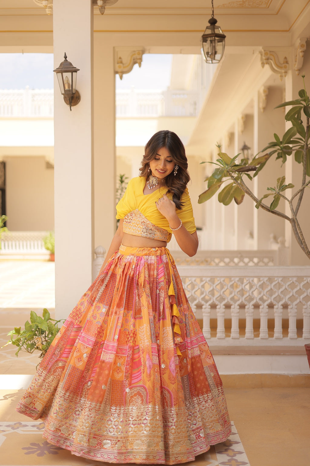 Designer Russian Silk Digital Print Lehenga Choli with Foil Embroidery Work