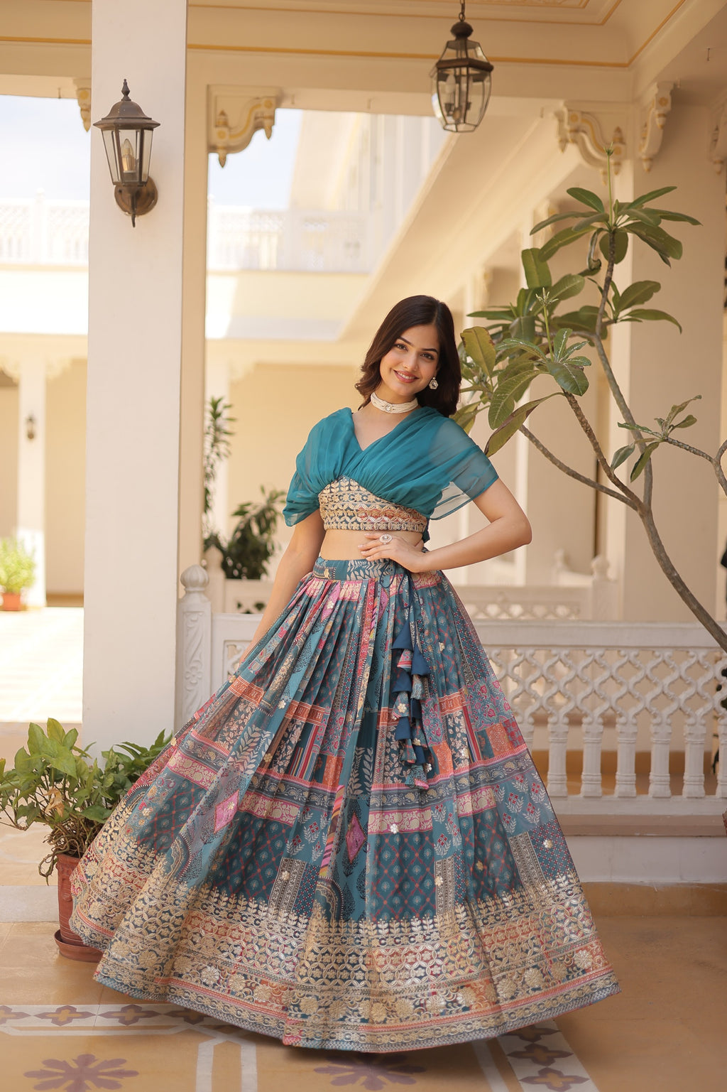 Designer Russian Silk Digital Print Lehenga Choli with Foil Embroidery Work