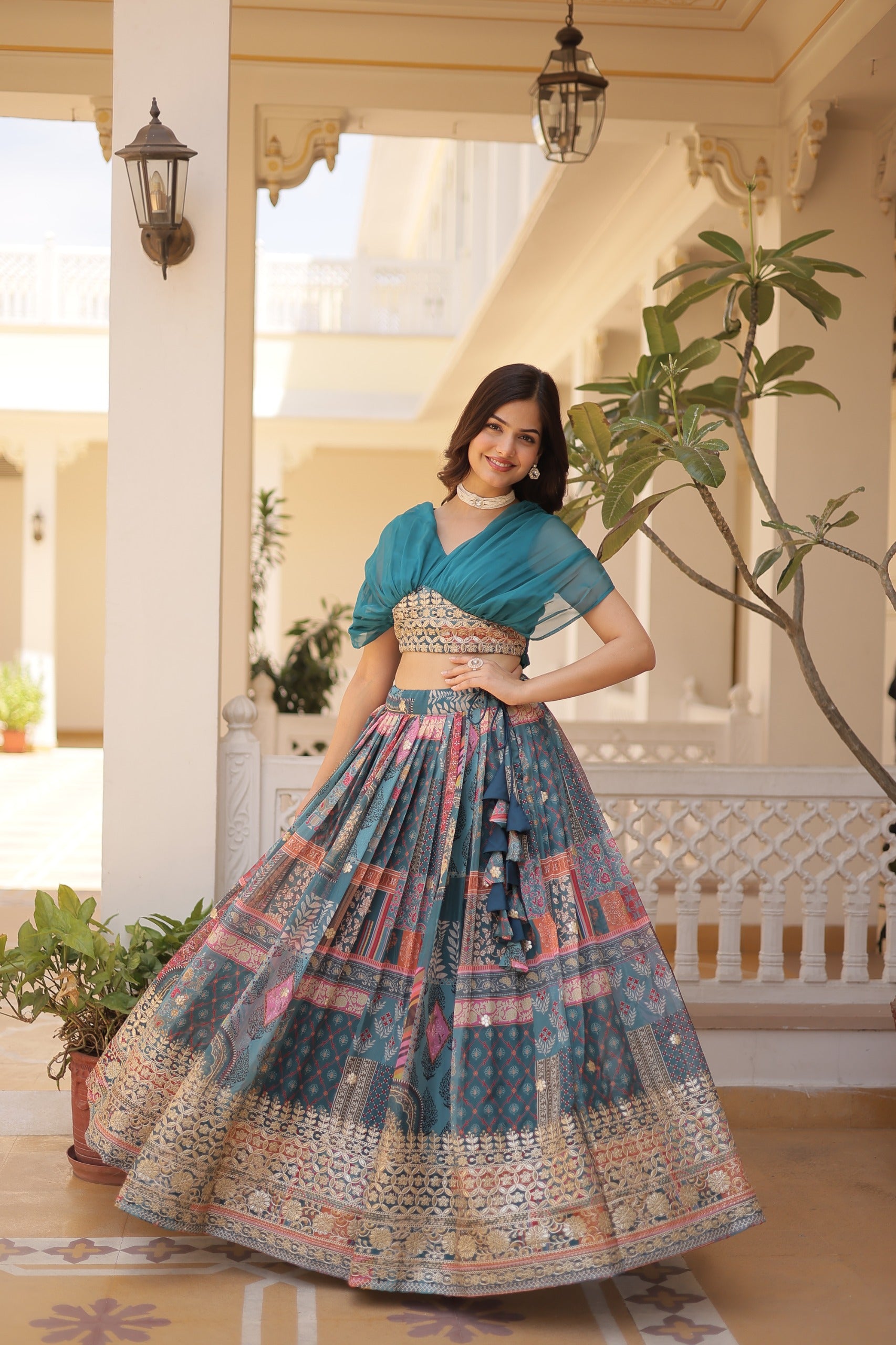 Designer Russian Silk Digital Print Lehenga Choli with Foil Embroidery Work