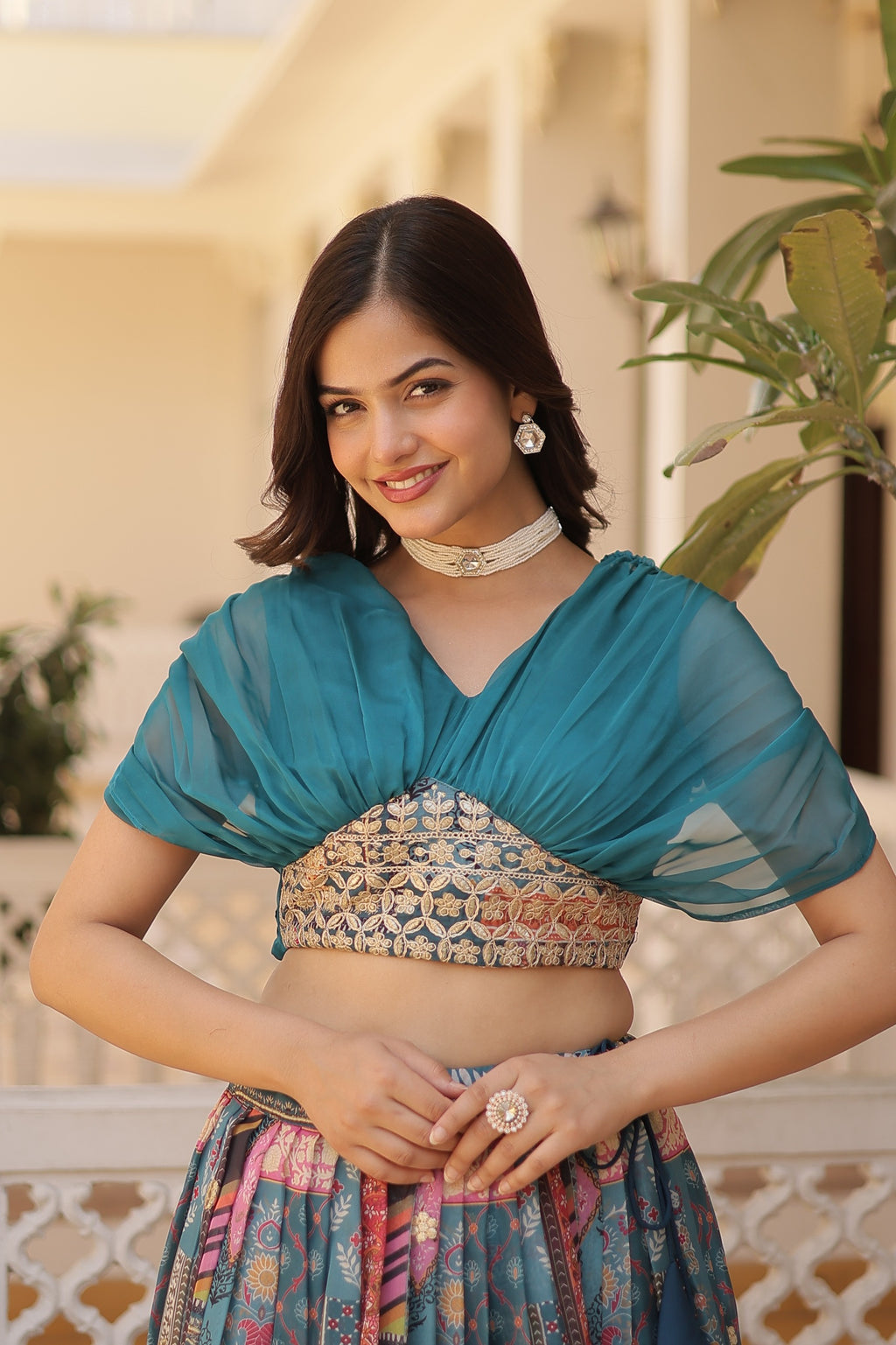 Designer Russian Silk Digital Print Lehenga Choli with Foil Embroidery Work