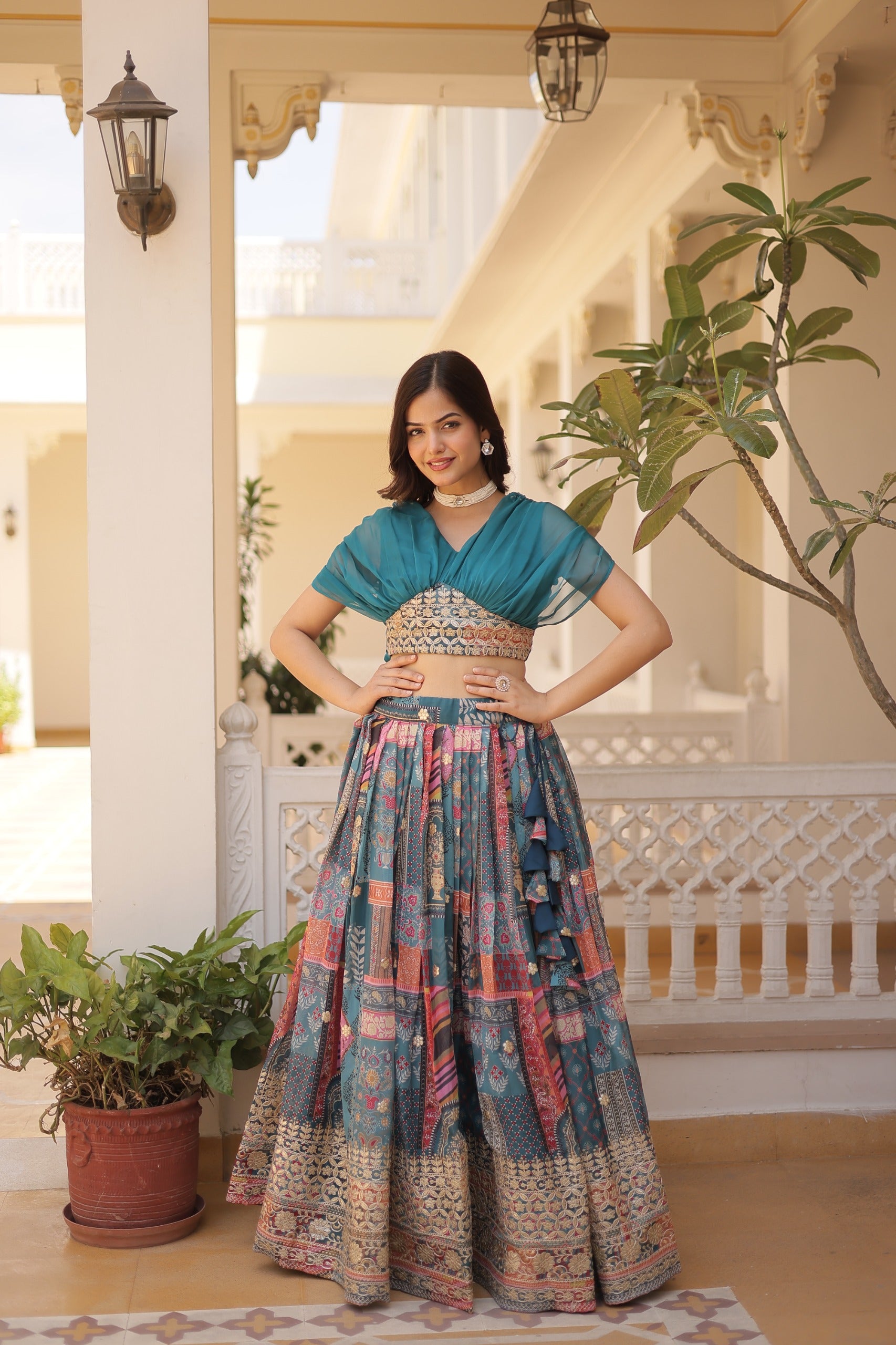 Designer Russian Silk Digital Print Lehenga Choli with Foil Embroidery Work