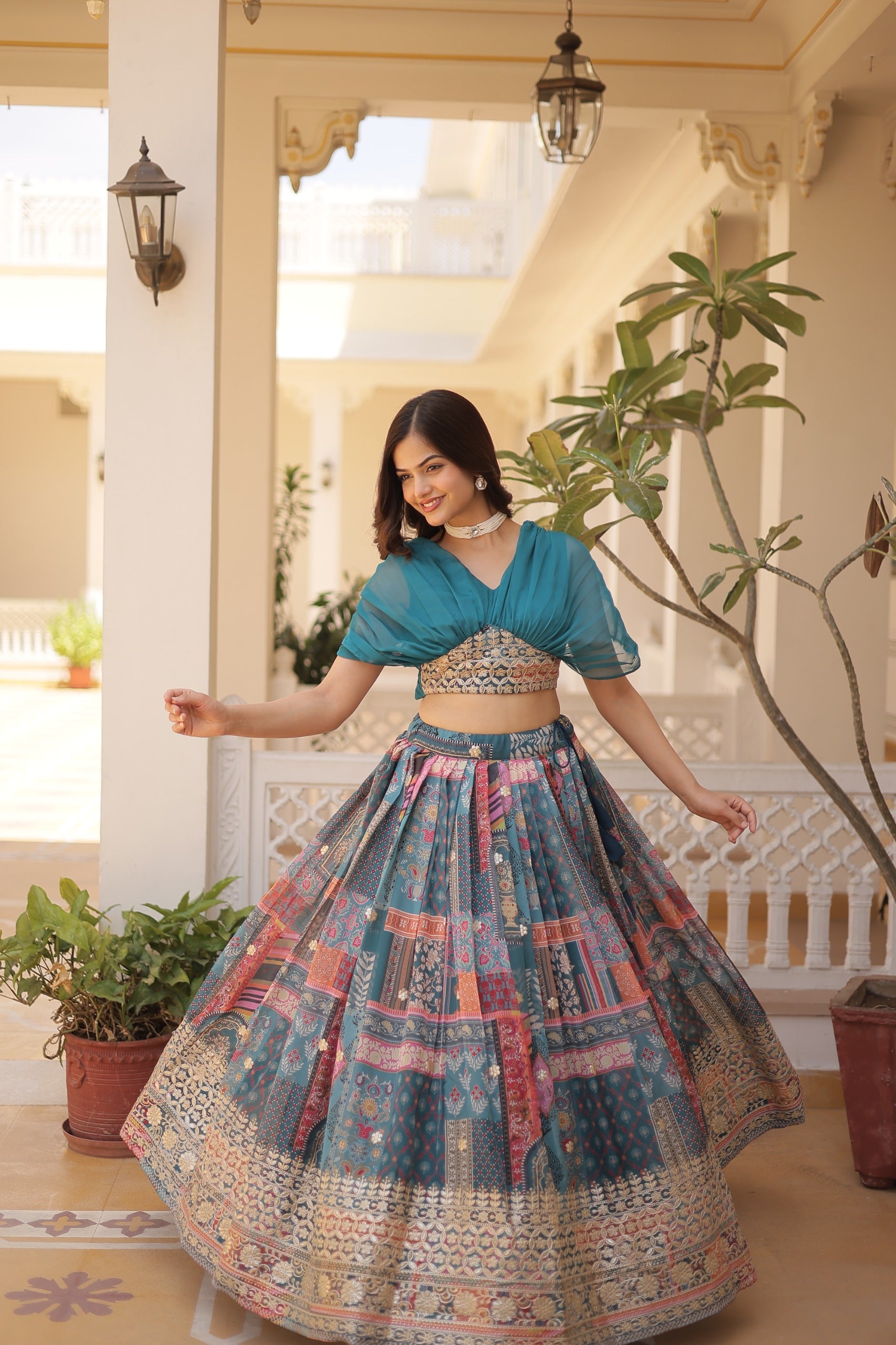 Designer Russian Silk Digital Print Lehenga Choli with Foil Embroidery Work