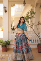 Designer Russian Silk Digital Print Lehenga Choli with Foil Embroidery Work