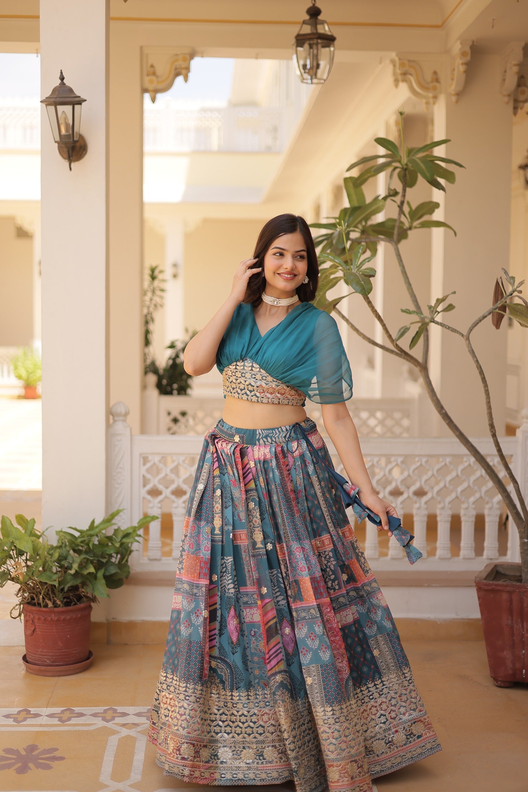 Designer Russian Silk Digital Print Lehenga Choli with Foil Embroidery Work