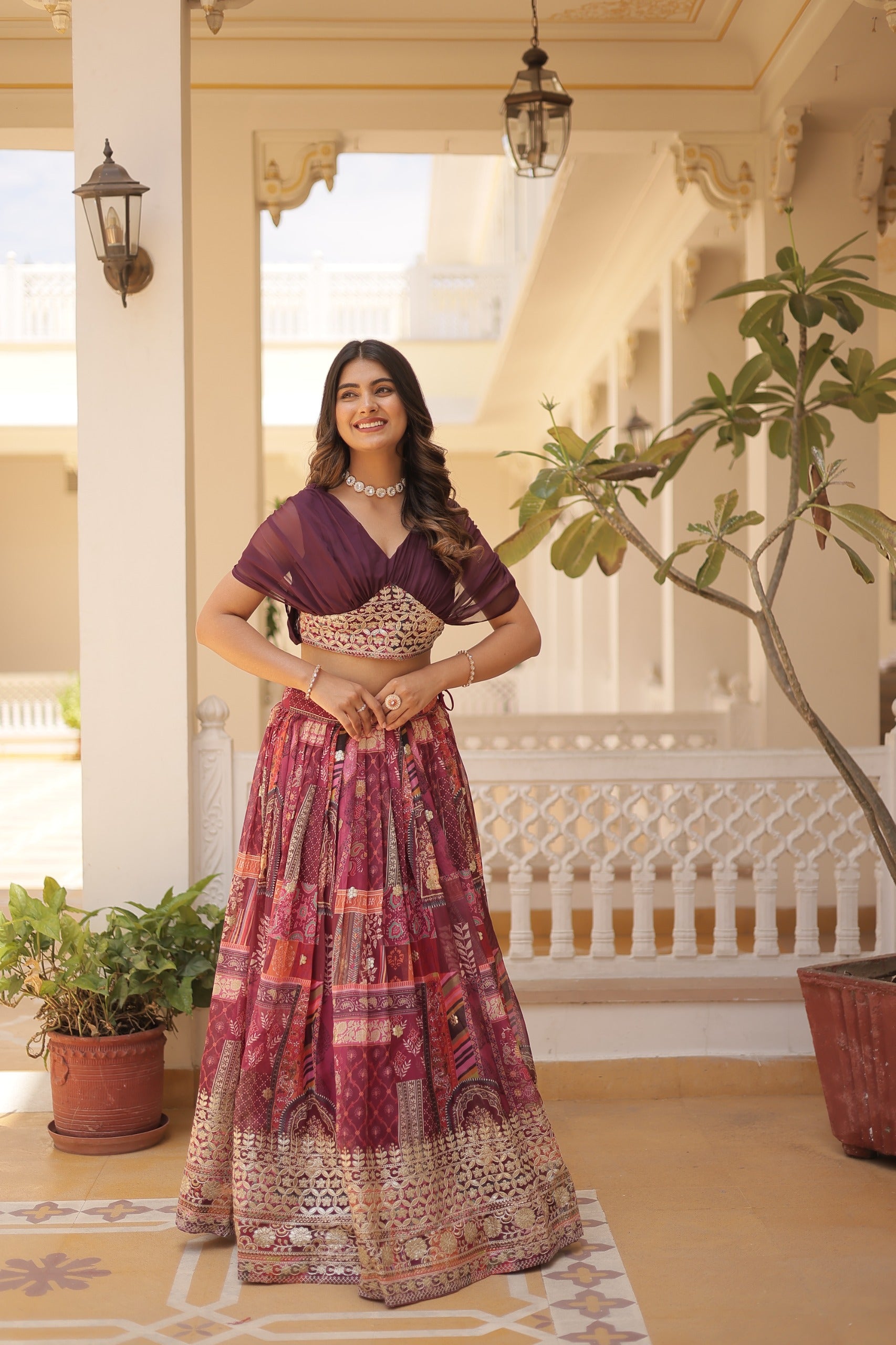 Designer Russian Silk Digital Print Lehenga Choli with Foil Embroidery Work