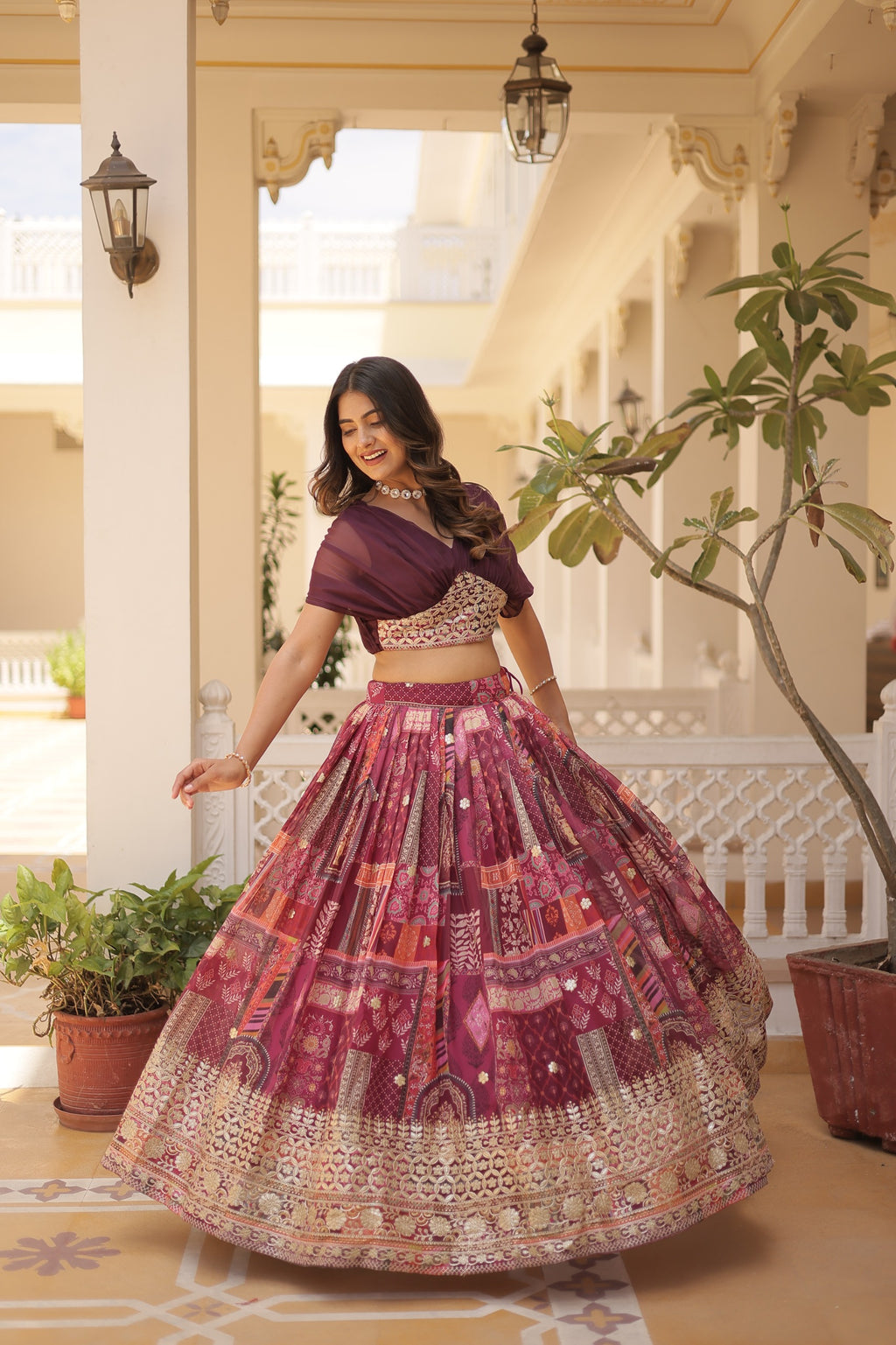 Designer Russian Silk Digital Print Lehenga Choli with Foil Embroidery Work
