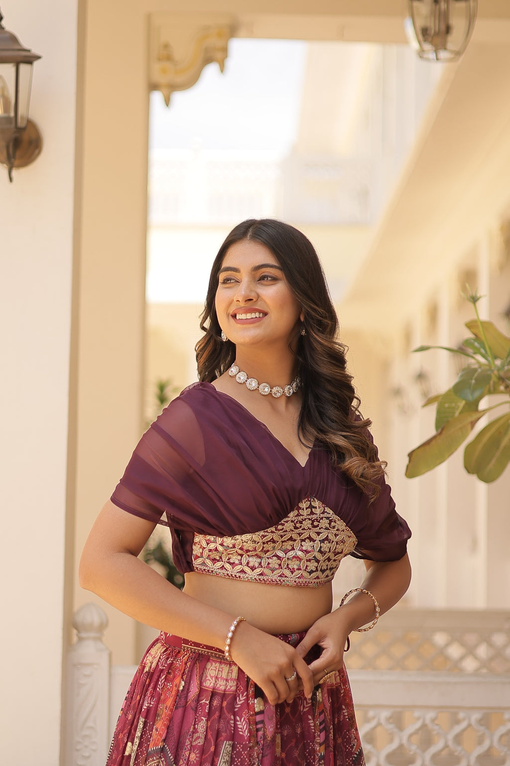 Designer Russian Silk Digital Print Lehenga Choli with Foil Embroidery Work