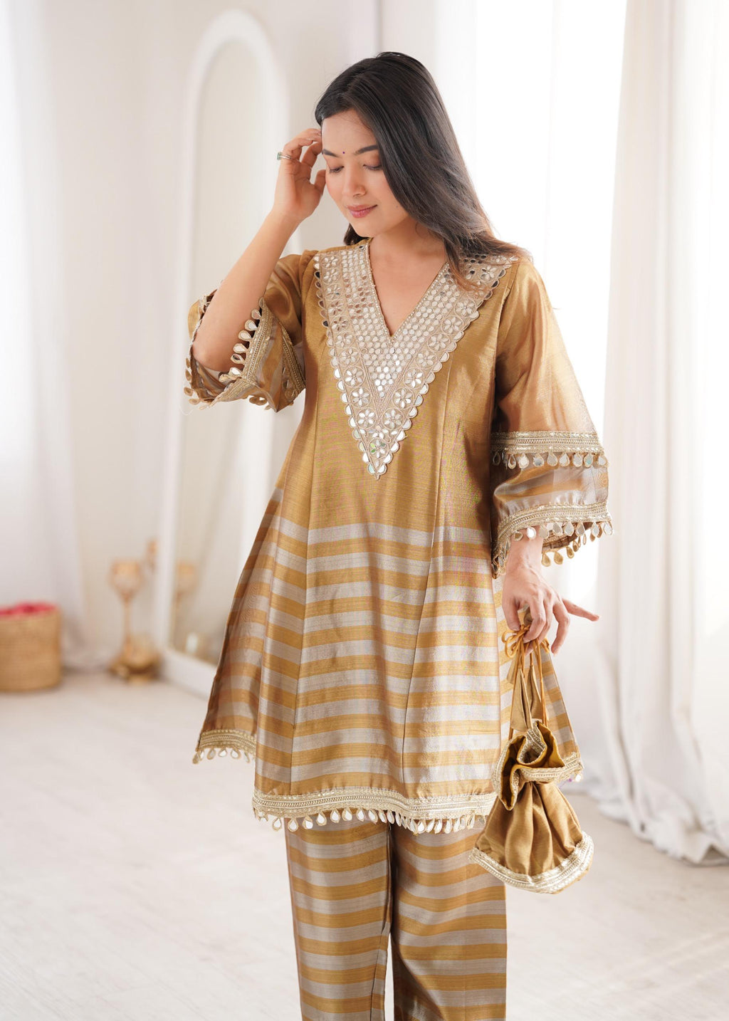 Golden Two-Tone Tissue Mirror Work Top & Bottom Set with Batwa Bag