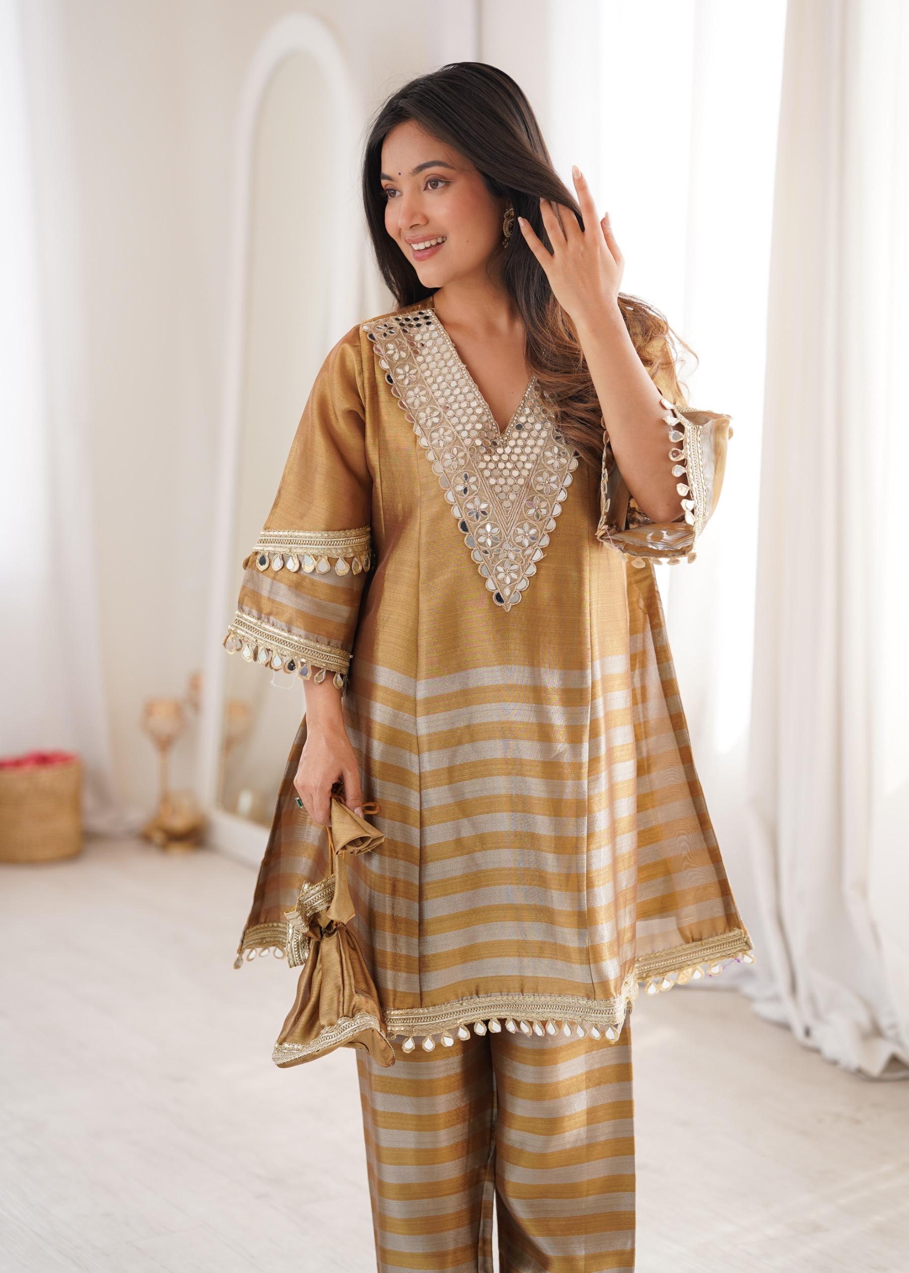 Golden Two-Tone Tissue Mirror Work Top & Bottom Set with Batwa Bag