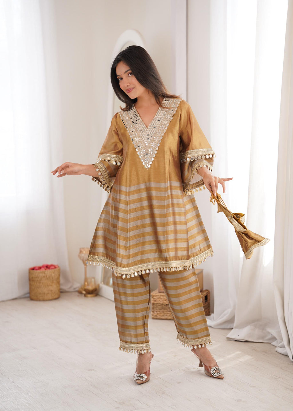 Golden Two-Tone Tissue Mirror Work Top & Bottom Set with Batwa Bag