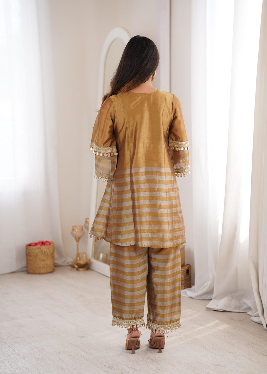 Golden Two-Tone Tissue Mirror Work Top & Bottom Set with Batwa Bag