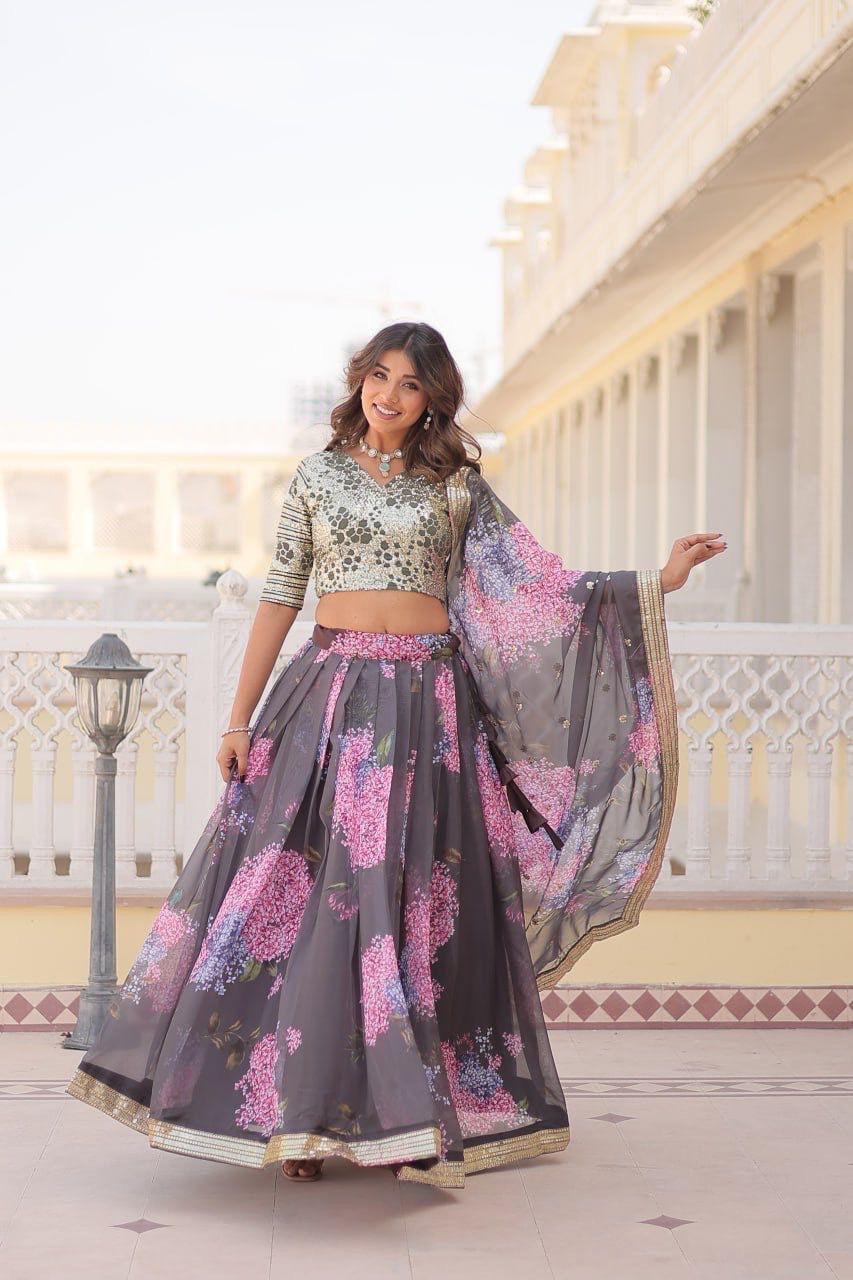 Coffee Floral Printed Russian Silk Lehenga Choli with Sequins Embroidered Blouse & Dupatta