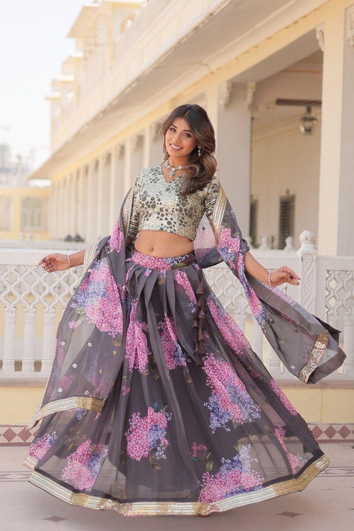 Coffee Floral Printed Russian Silk Lehenga Choli with Sequins Embroidered Blouse & Dupatta