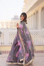 Coffee Floral Printed Russian Silk Lehenga Choli with Sequins Embroidered Blouse & Dupatta