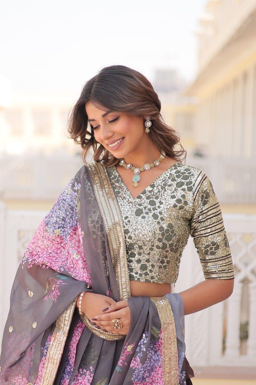 Coffee Floral Printed Russian Silk Lehenga Choli with Sequins Embroidered Blouse & Dupatta