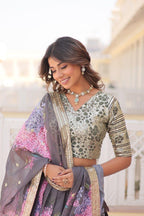 Coffee Floral Printed Russian Silk Lehenga Choli with Sequins Embroidered Blouse & Dupatta