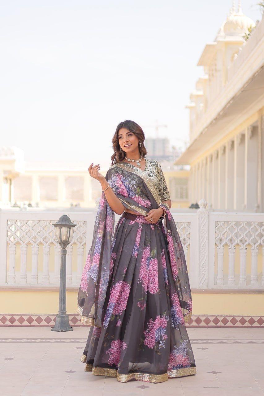 Coffee Floral Printed Russian Silk Lehenga Choli with Sequins Embroidered Blouse & Dupatta