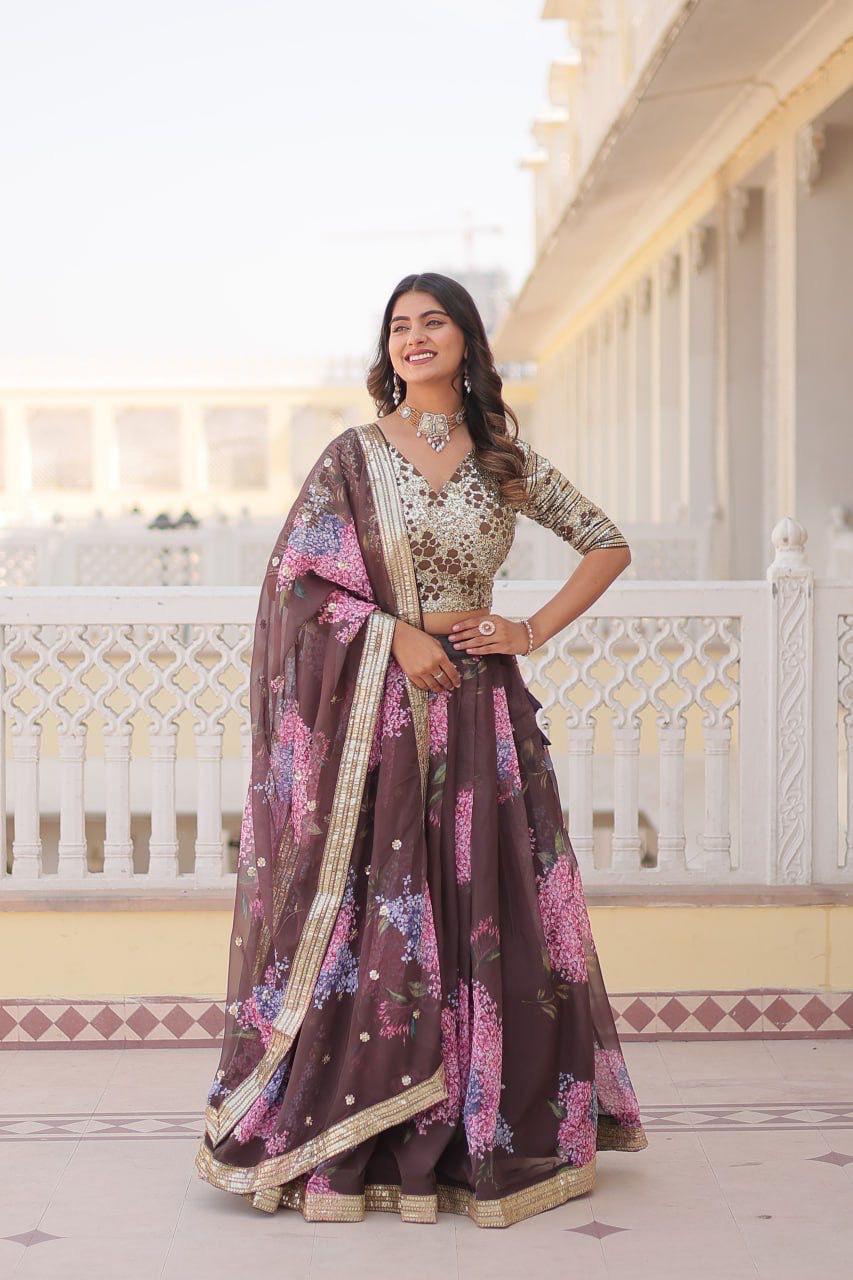 Coffee Floral Printed Russian Silk Lehenga Choli with Sequins Embroidered Blouse & Dupatta