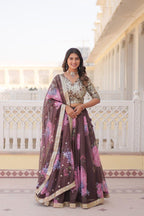 Coffee Floral Printed Russian Silk Lehenga Choli with Sequins Embroidered Blouse & Dupatta