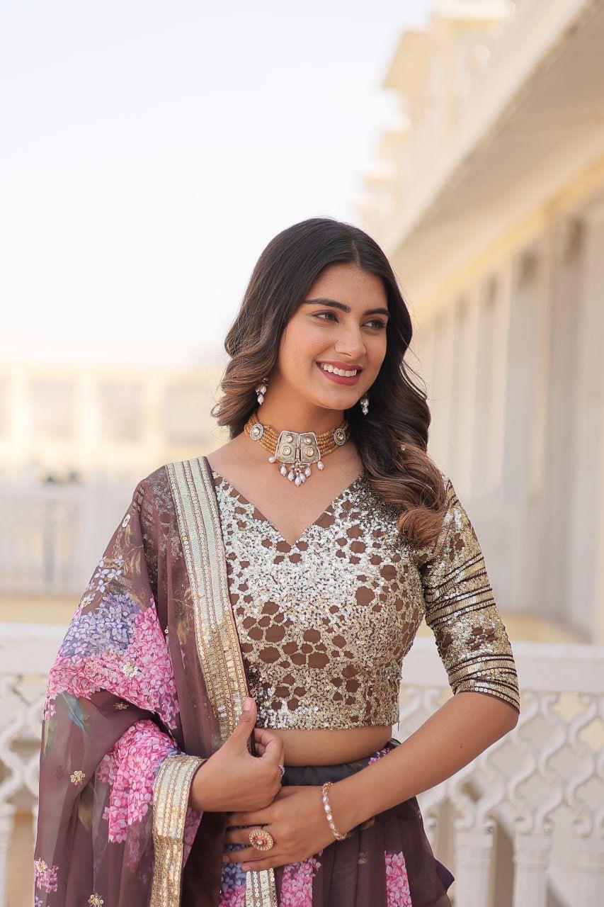 Coffee Floral Printed Russian Silk Lehenga Choli with Sequins Embroidered Blouse & Dupatta
