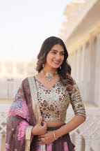 Coffee Floral Printed Russian Silk Lehenga Choli with Sequins Embroidered Blouse & Dupatta