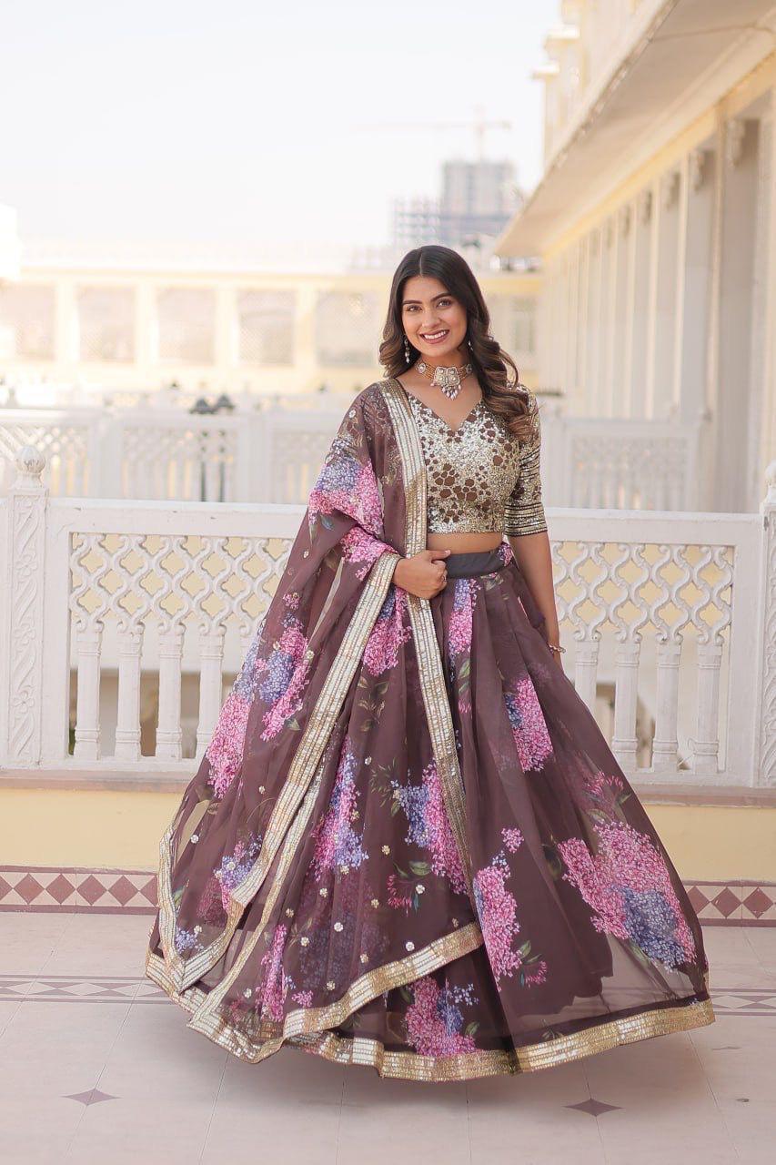 Coffee Floral Printed Russian Silk Lehenga Choli with Sequins Embroidered Blouse & Dupatta
