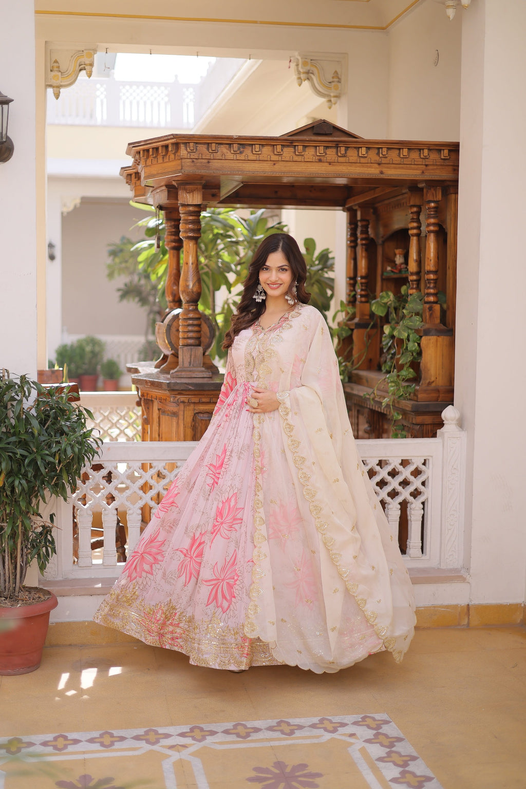 Pink Floral Digital Print Russian Silk Anarkali Gown with Embroidered Dupatta Set
