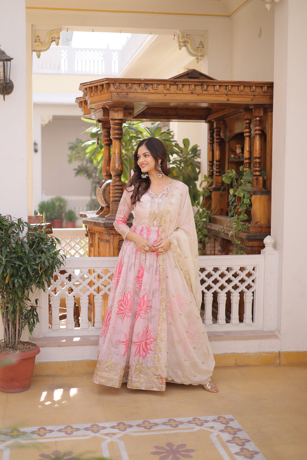 Pink Floral Digital Print Russian Silk Anarkali Gown with Embroidered Dupatta Set
