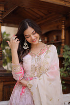 Pink Floral Digital Print Russian Silk Anarkali Gown with Embroidered Dupatta Set