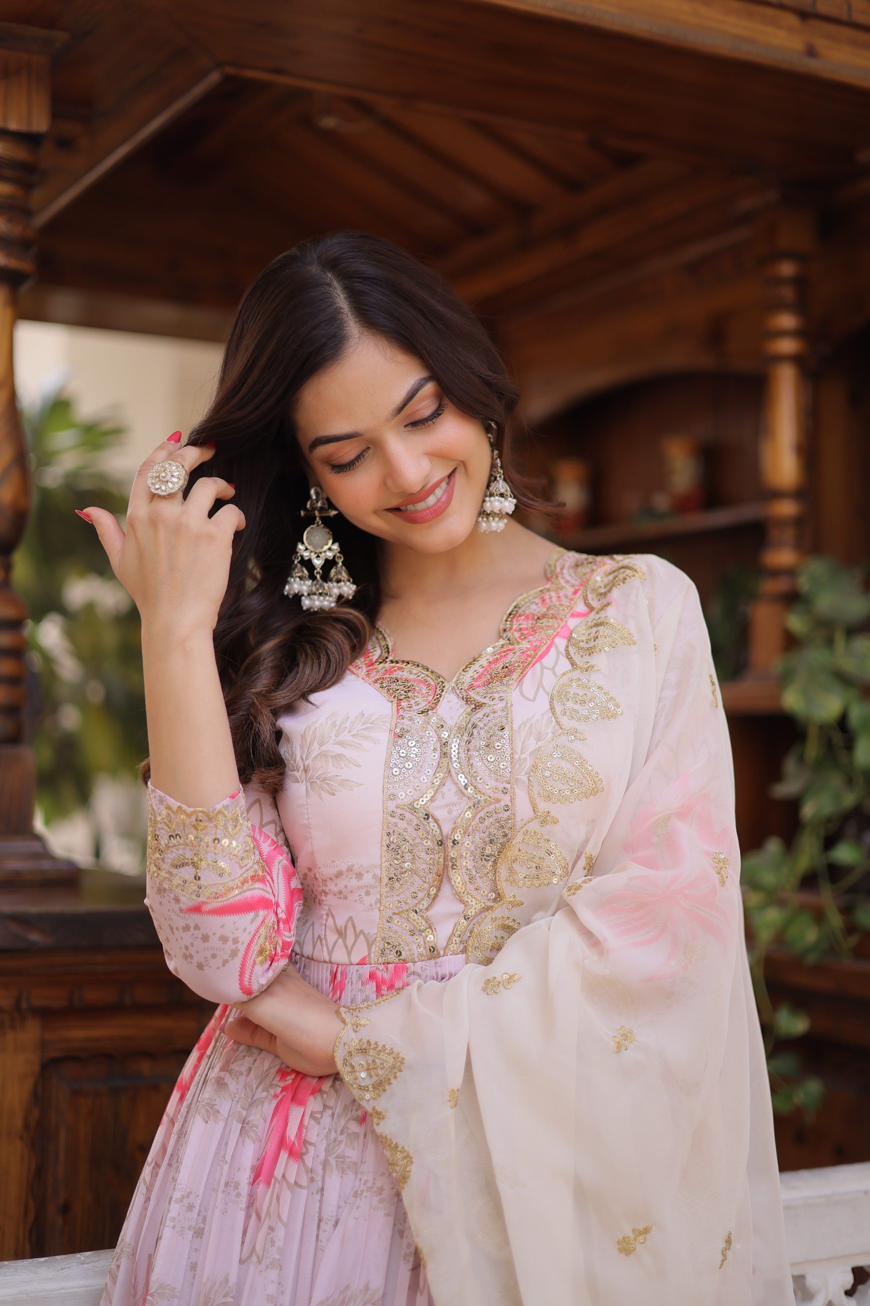 Pink Floral Digital Print Russian Silk Anarkali Gown with Embroidered Dupatta Set