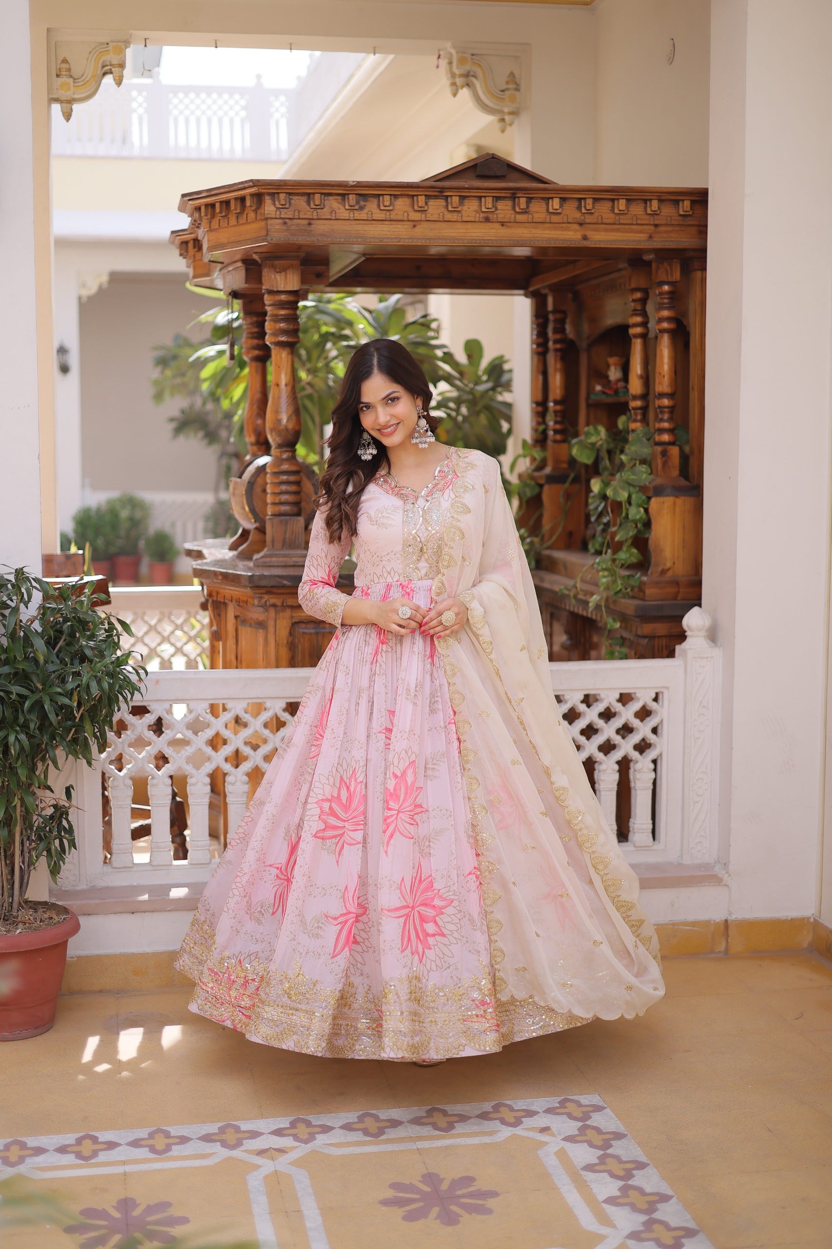 Pink Floral Digital Print Russian Silk Anarkali Gown with Embroidered Dupatta Set