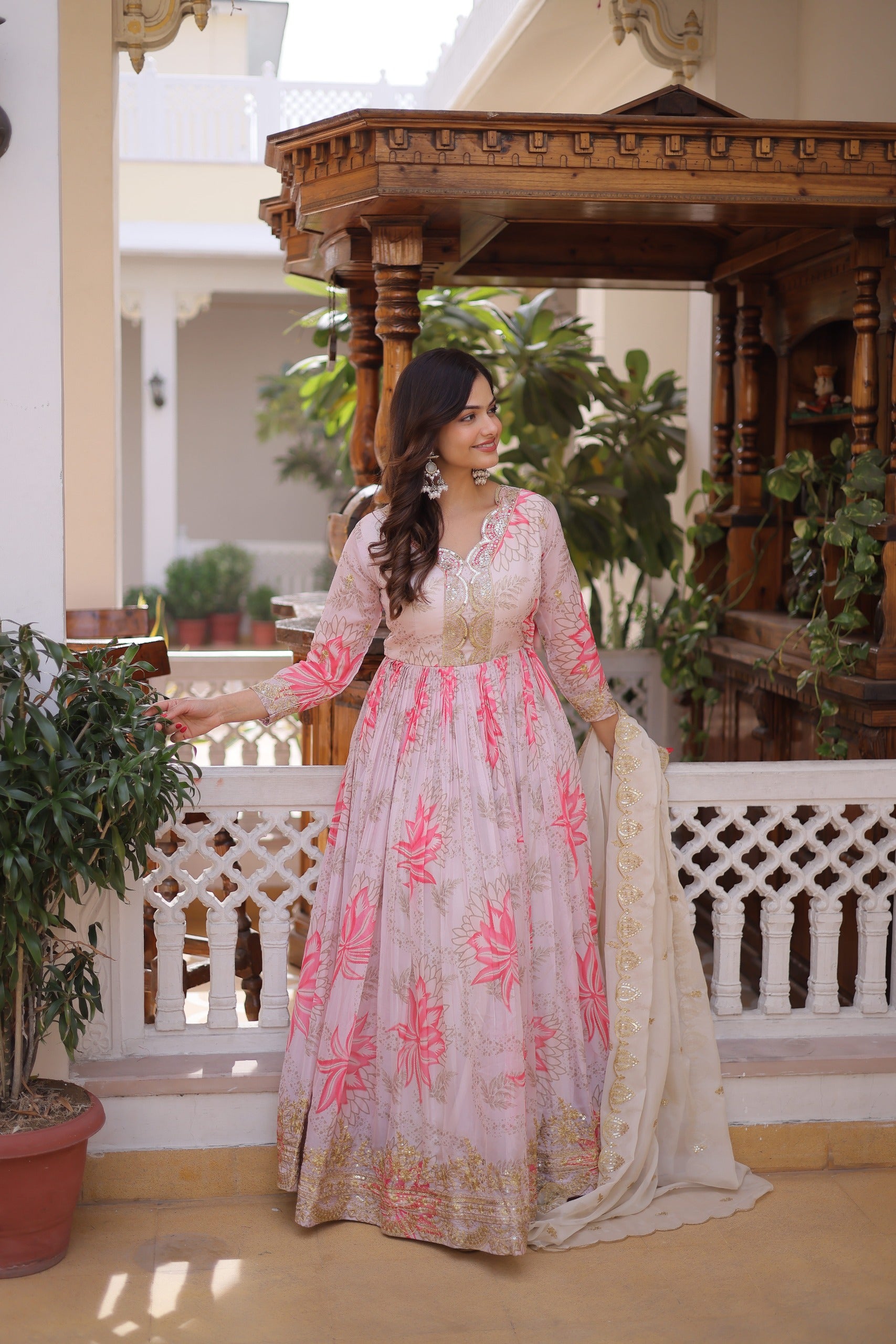 Pink Floral Digital Print Russian Silk Anarkali Gown with Embroidered Dupatta Set