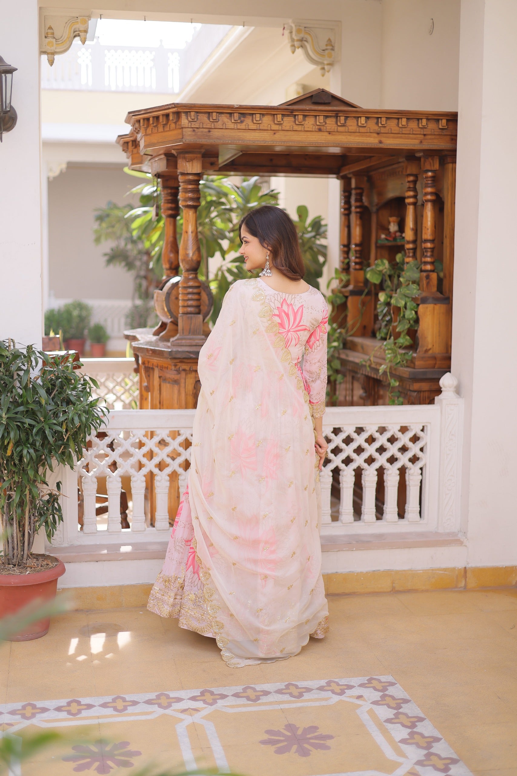 Pink Floral Digital Print Russian Silk Anarkali Gown with Embroidered Dupatta Set