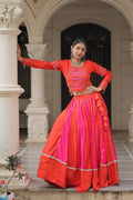 Women's Roman Silk Navratri Lehenga Choli with Gamthi Embroidery and Mirror Lace for Garba & Dandiya Festival Wear