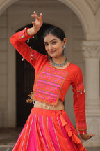 Women's Roman Silk Navratri Lehenga Choli with Gamthi Embroidery and Mirror Lace for Garba & Dandiya Festival Wear