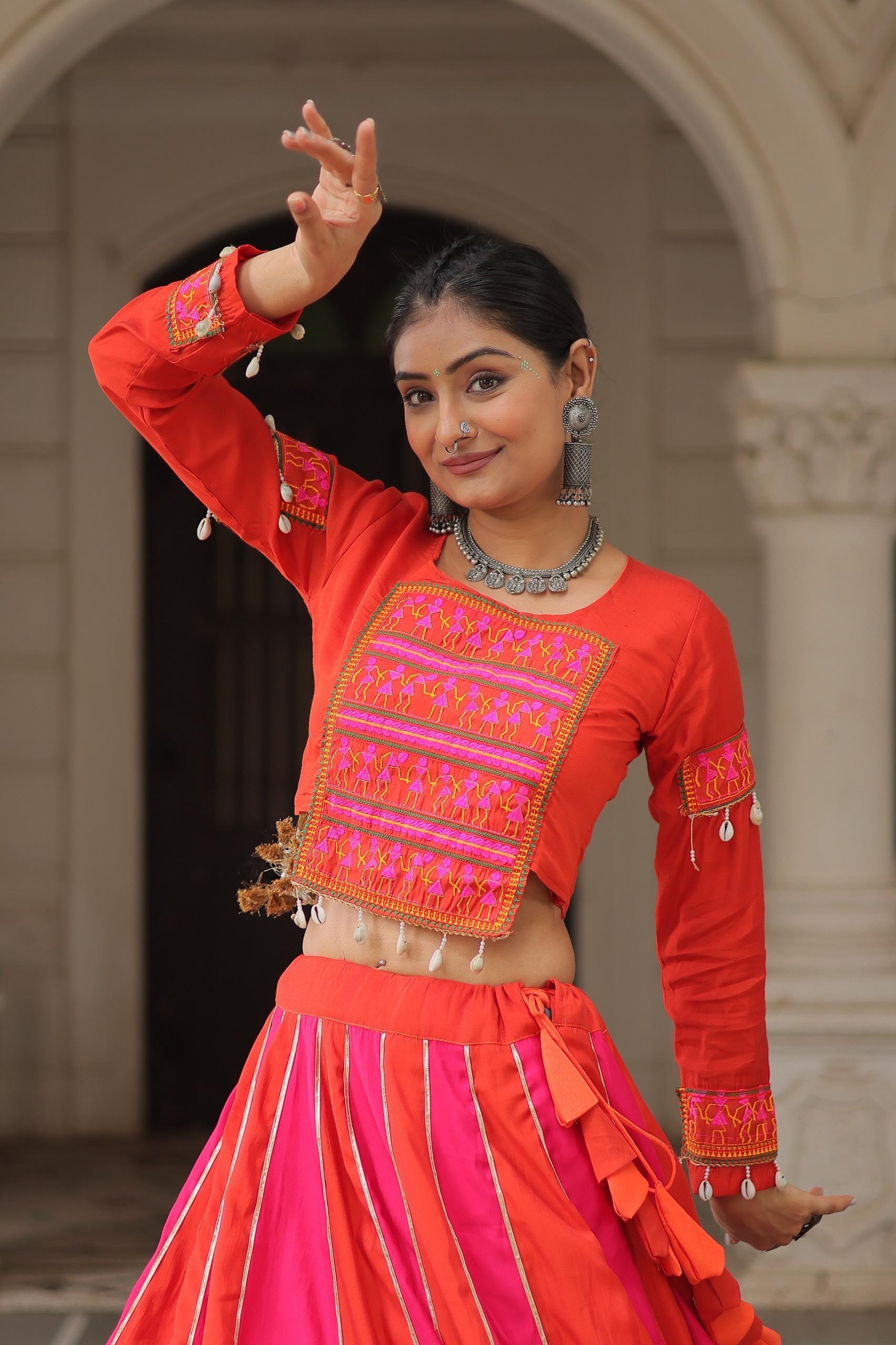 Women's Roman Silk Navratri Lehenga Choli with Gamthi Embroidery and Mirror Lace for Garba & Dandiya Festival Wear