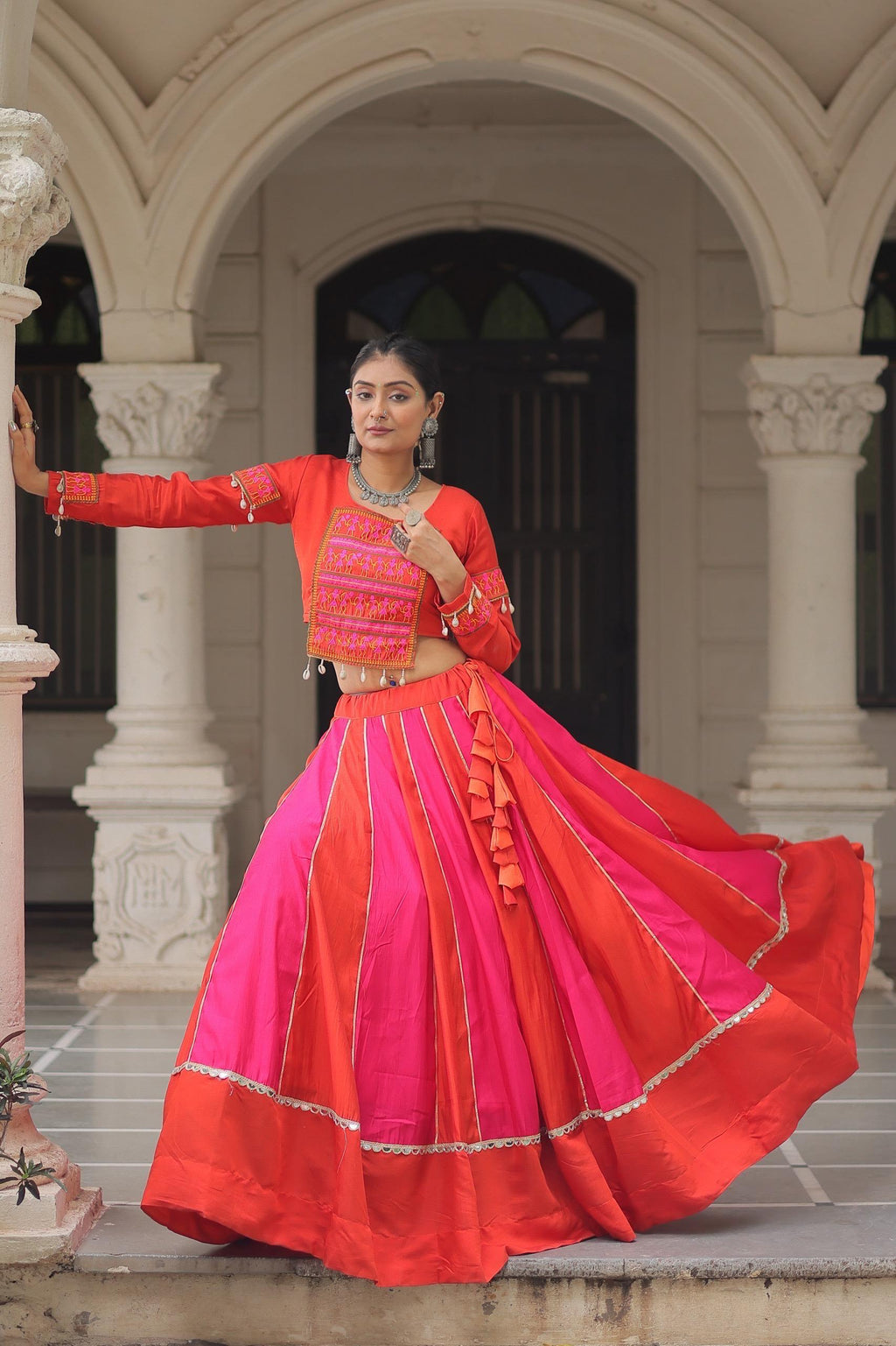 Women's Roman Silk Navratri Lehenga Choli with Gamthi Embroidery and Mirror Lace for Garba & Dandiya Festival Wear