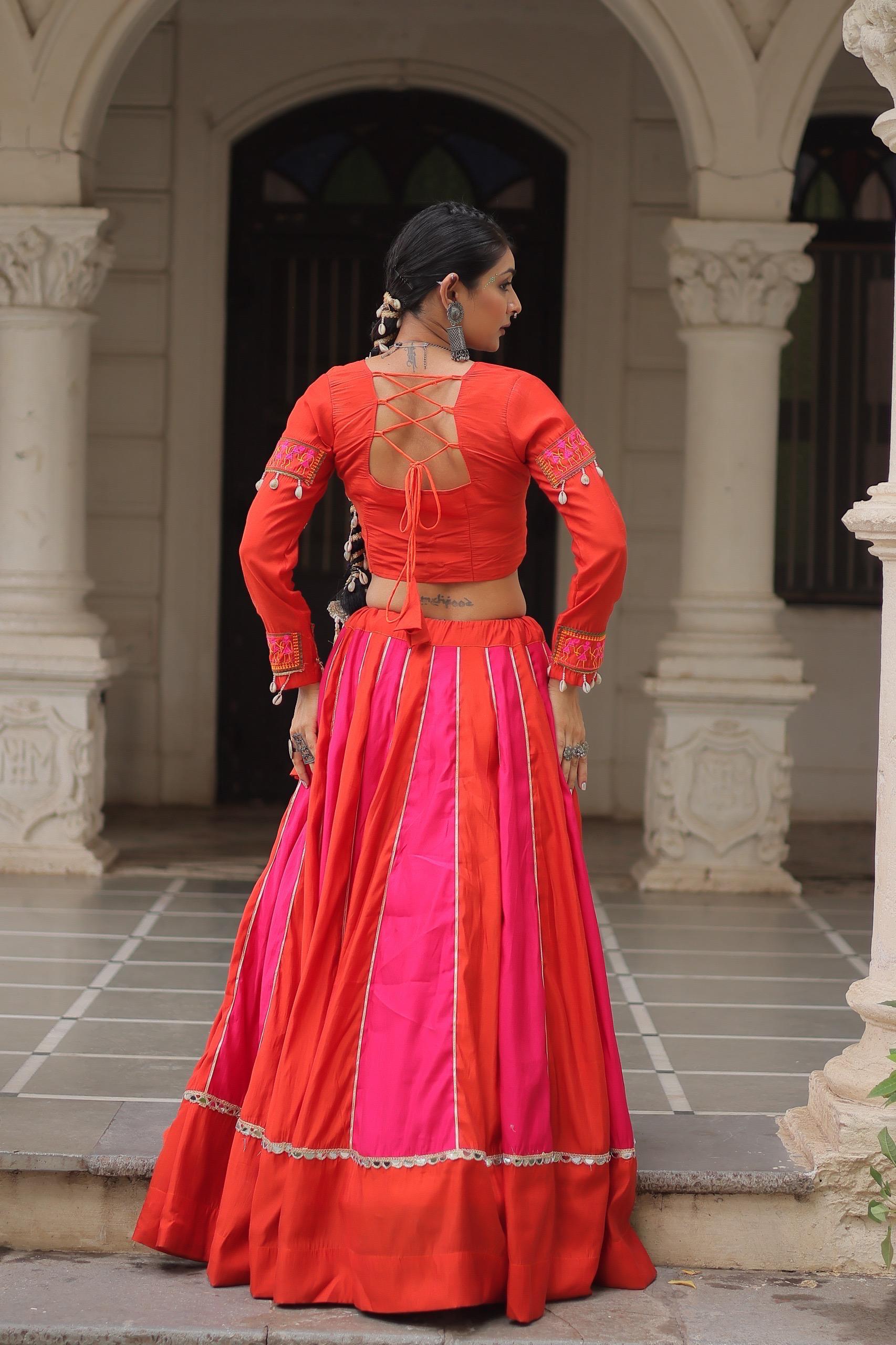 Women's Roman Silk Navratri Lehenga Choli with Gamthi Embroidery and Mirror Lace for Garba & Dandiya Festival Wear