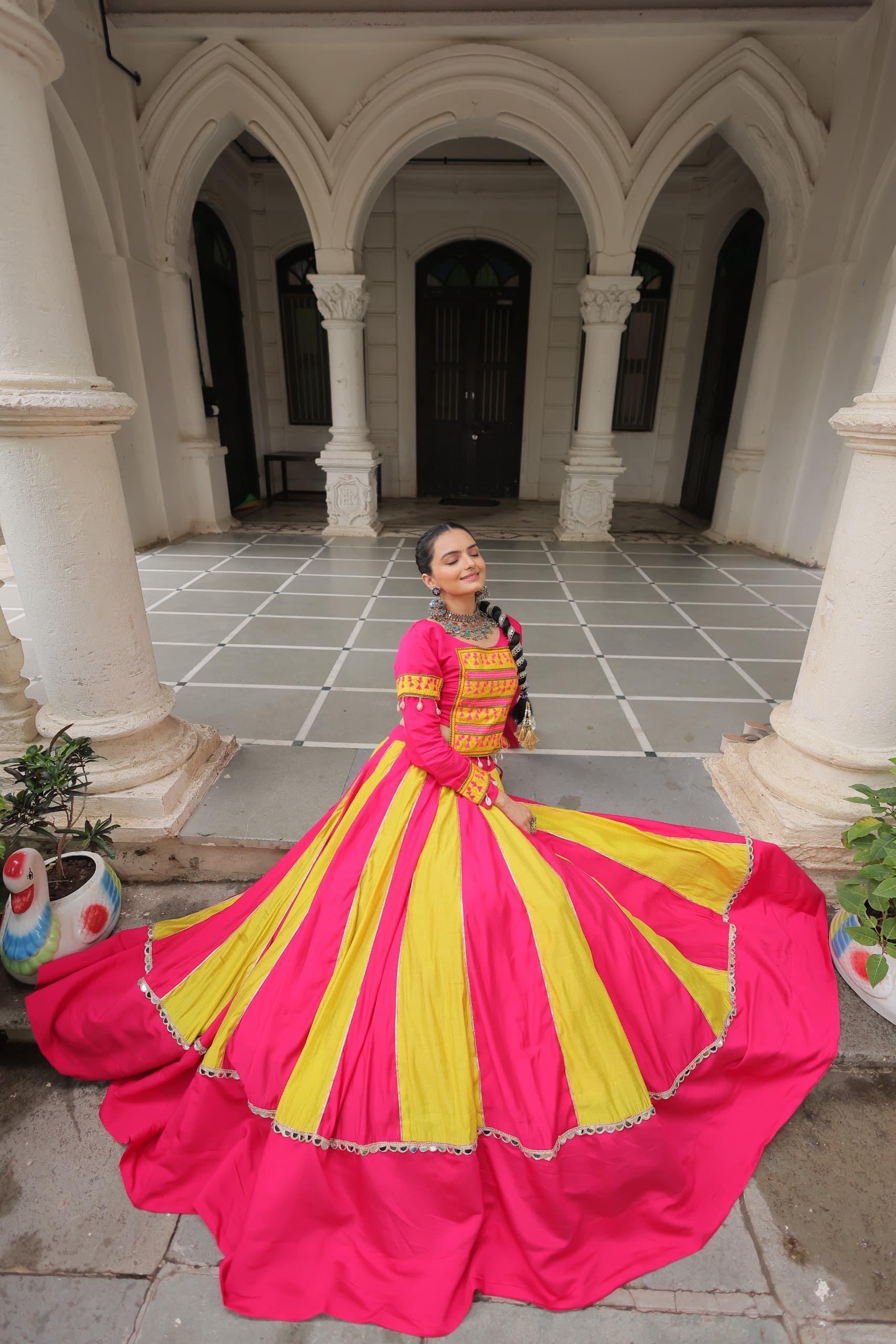Women's Roman Silk Navratri Lehenga Choli with Gamthi Embroidery and Mirror Lace for Garba & Dandiya Festival Wear