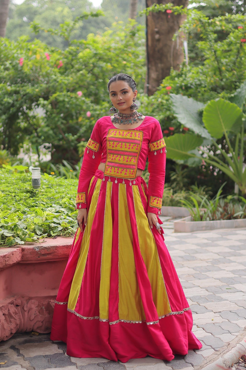Women's Roman Silk Navratri Lehenga Choli with Gamthi Embroidery and Mirror Lace for Garba & Dandiya Festival Wear