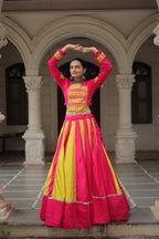 Women's Roman Silk Navratri Lehenga Choli with Gamthi Embroidery and Mirror Lace for Garba & Dandiya Festival Wear